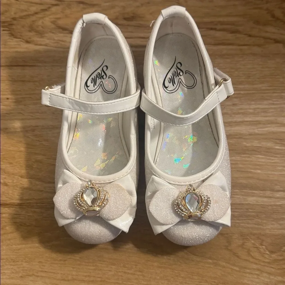 Stelle Flower Girl White Glittery Princess Crown Mary Jane Dress Shoes Size 10